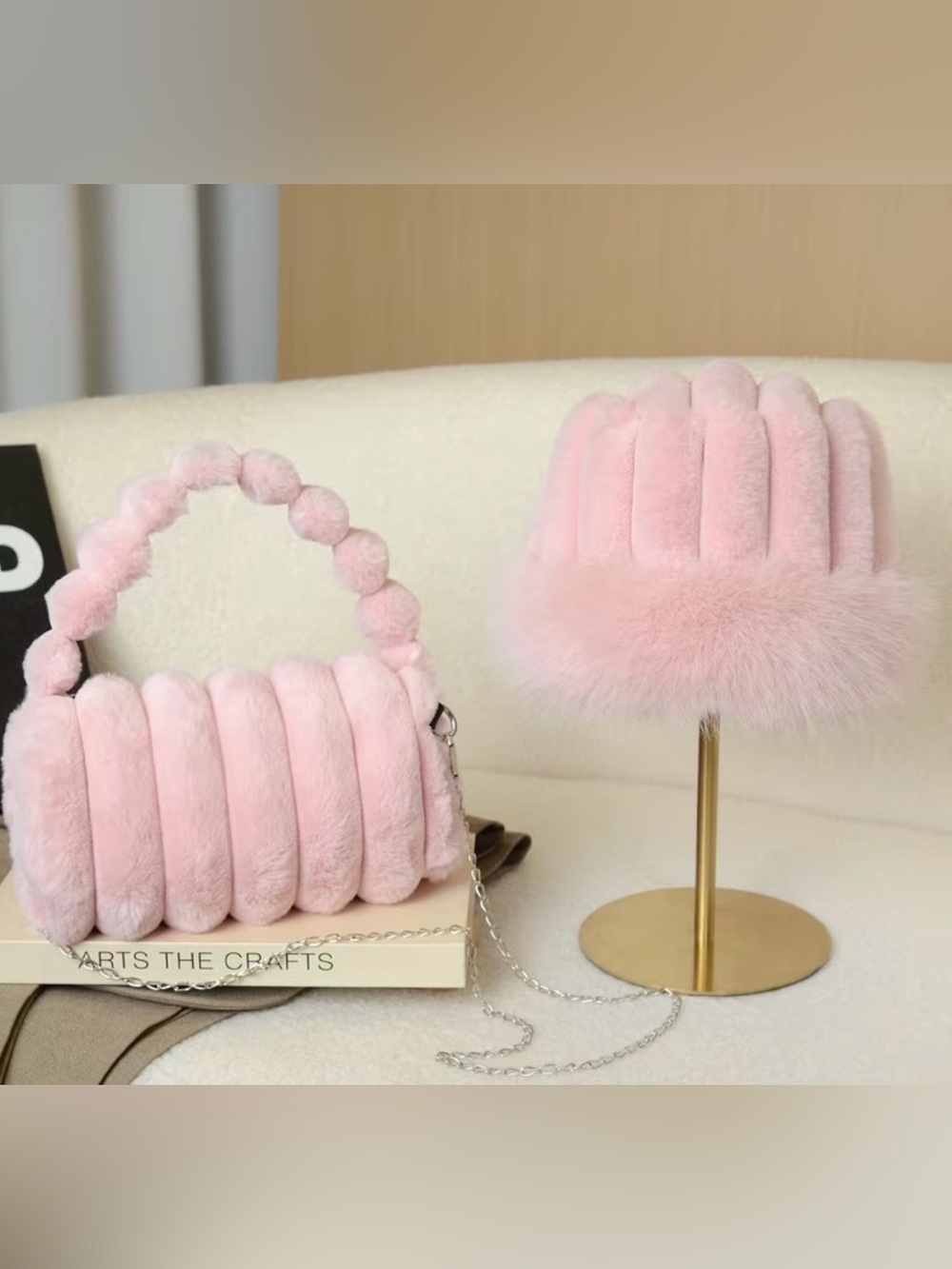 Plush Pink Faux Fur Barrel Handbag with Beaded Top Handle